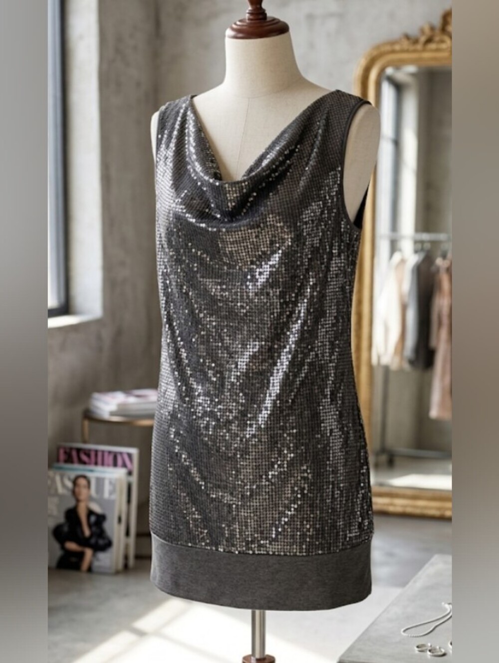 Sequin Silk Blend Cowl Neck Mini Dress Metallic Grey (Sz M) Party Chic Event